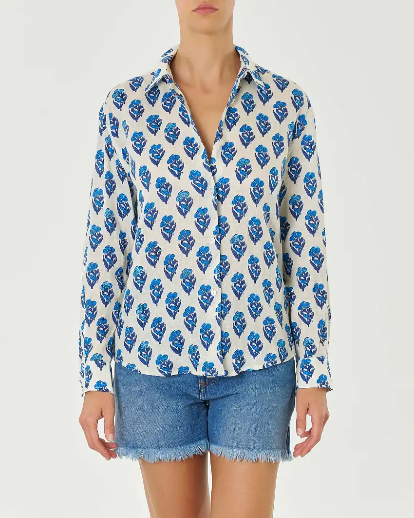 Camicia color avorio in puro lino a fantasia fiori ginkgo blu con colletto classico