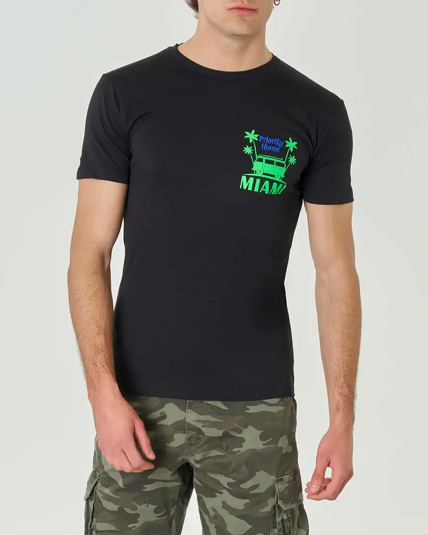 T-shirt nera girocollo in puro cotone con stampa Miami fluo e logo blu royal ricamato sul petto