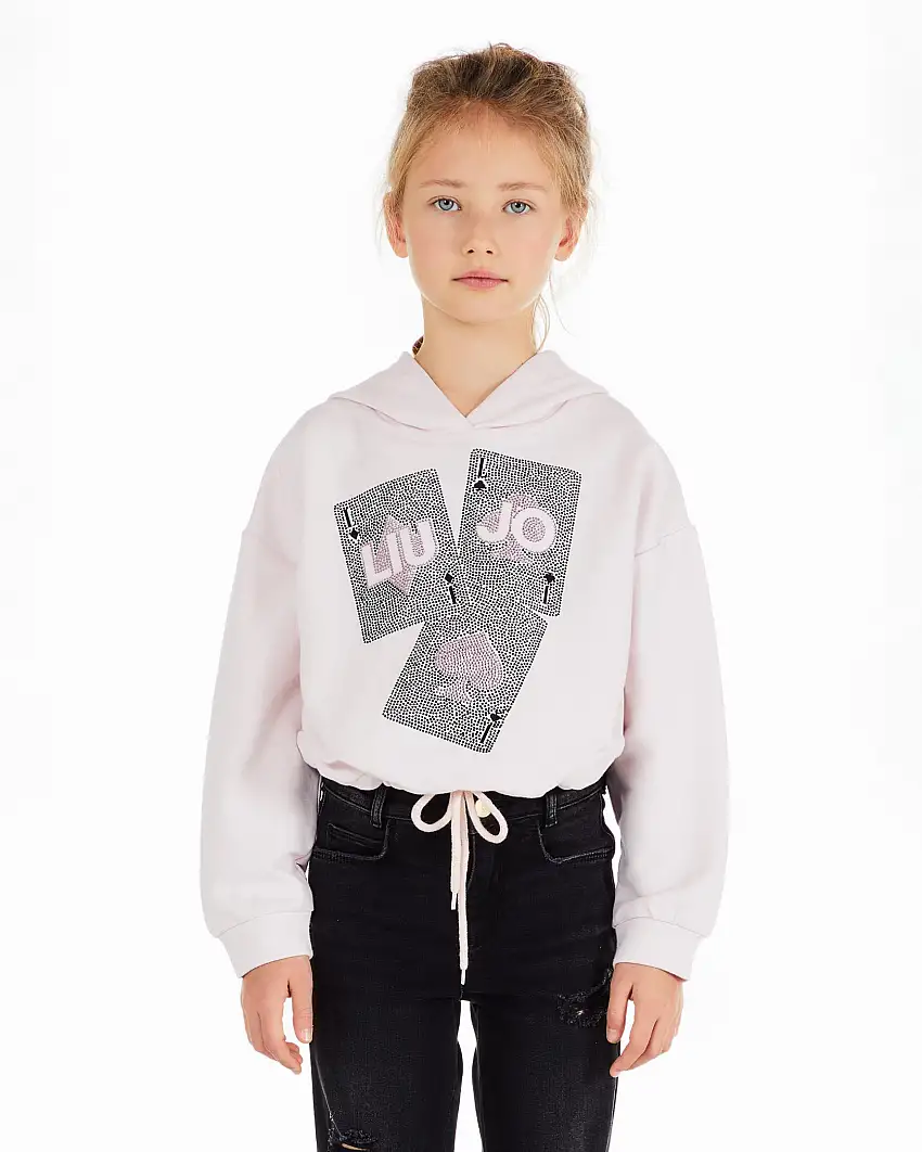 Felpa con cappuccio rosa in cotone stretch con stampa logo e carte frontali in strass