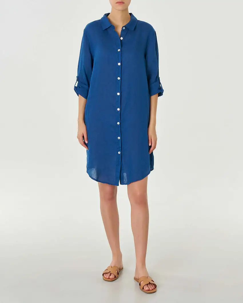 Abito chemisier corto in lino color ottanio con maniche tre quarti e faldone sulla schiena