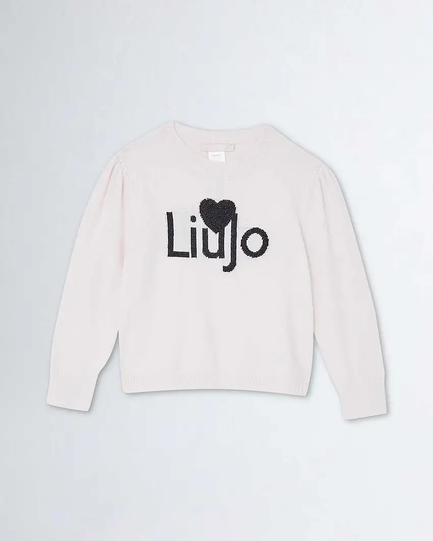 Maglia girocollo rosa in cotone lana e cashmere con logo frontale a contrasto jacquard
