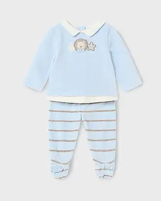 Completo azzurro in ciniglia composto da t-shirt a maniche lunghe e ghettina a righe