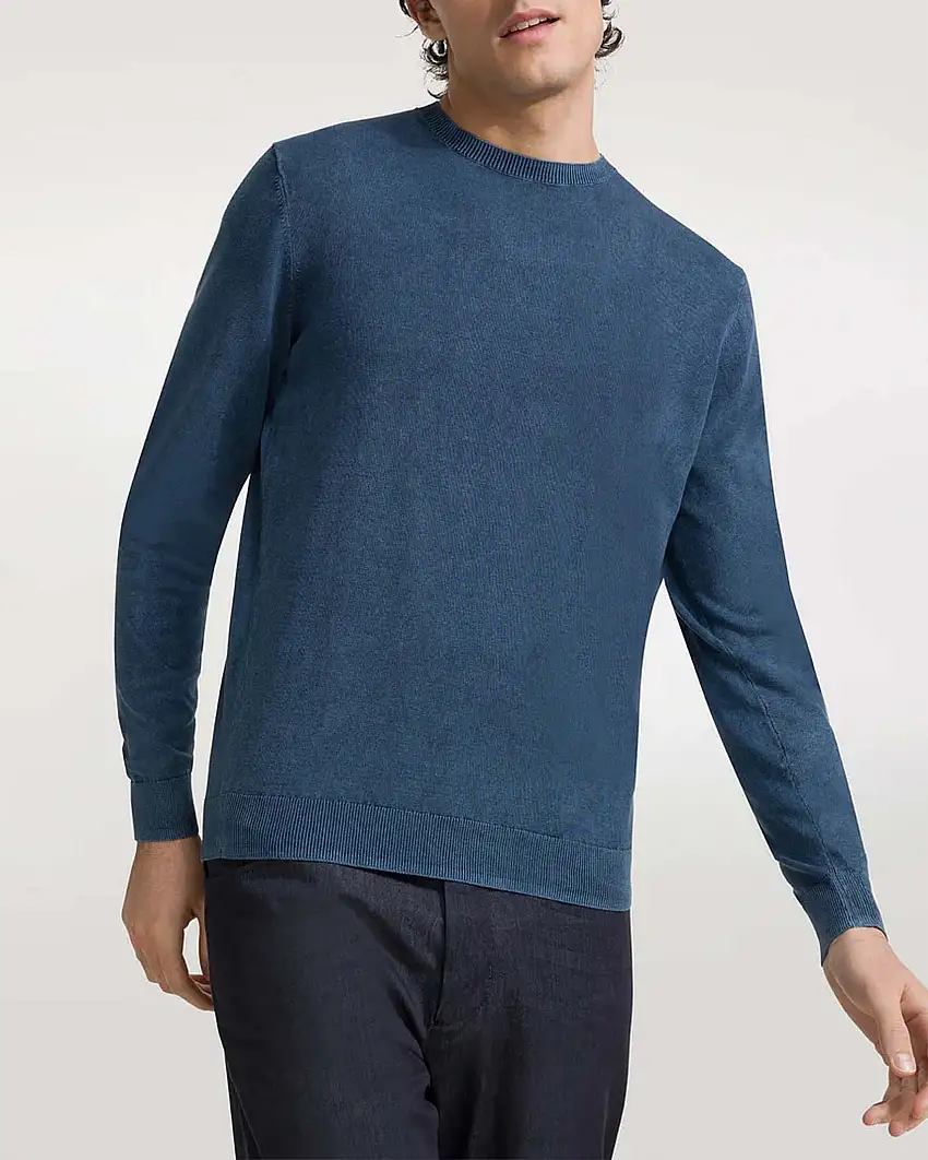 Maglia girocollo Techno Wash blu indaco in puro cotone effetto delavè