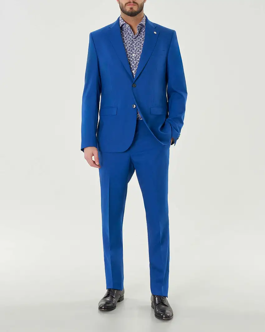 Abito blu royal in tela di lana stretch fil à fil