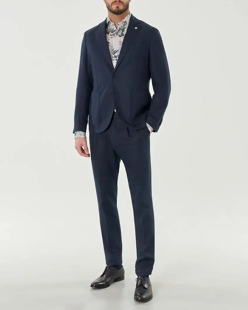 Abito blu in puro lino con rever classico