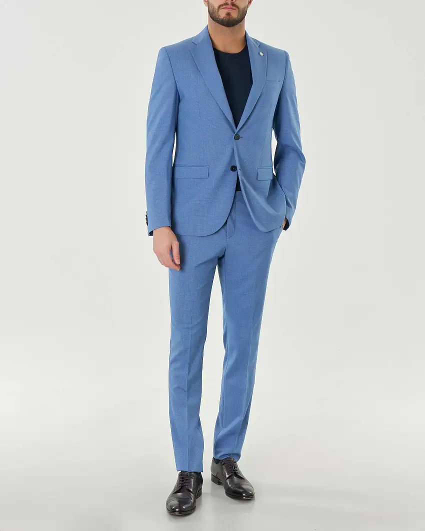 Abito celeste in tela di lana stretch micro pied de poule