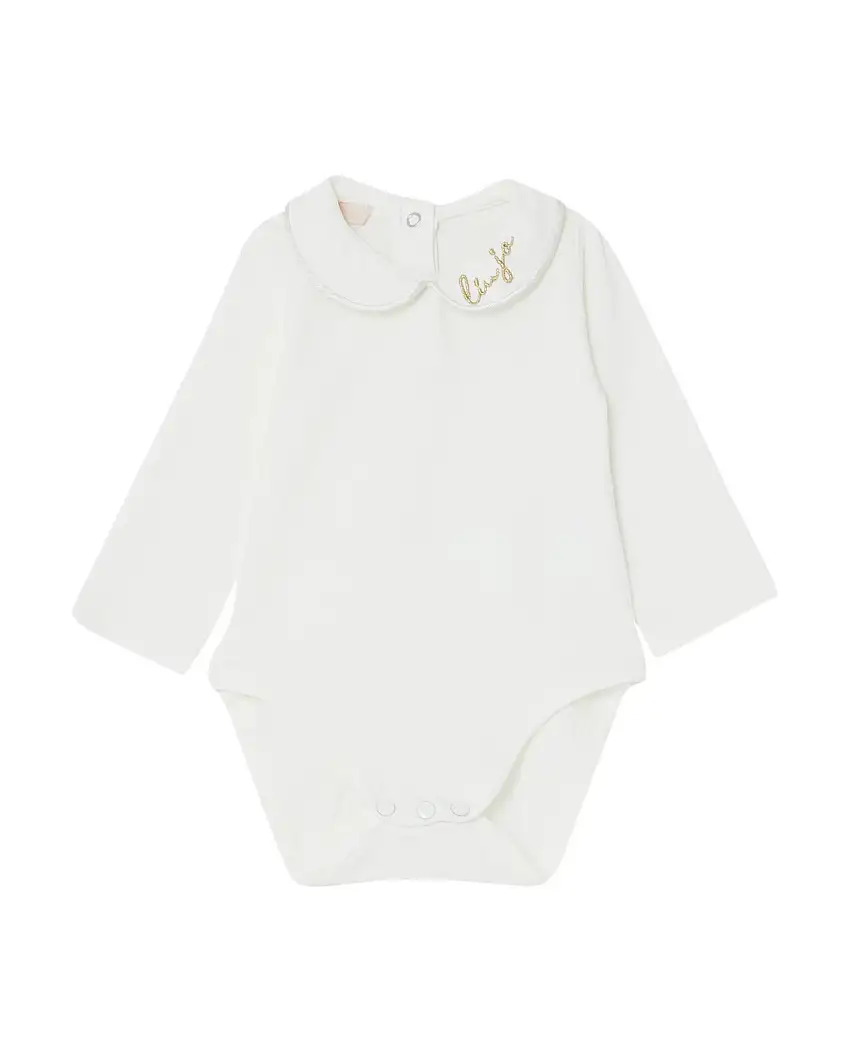 Body bianco in cotone stretch con logo dorato ricamato sul colletto tondo