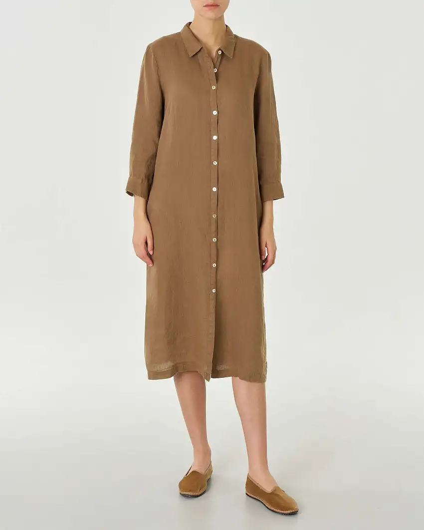 Abito chemisier midi in lino color cappuccino con maniche tre quarti