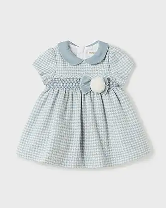 Abito bianco e azzurro in misto cotone a mezza manica a fantasia pied de poule