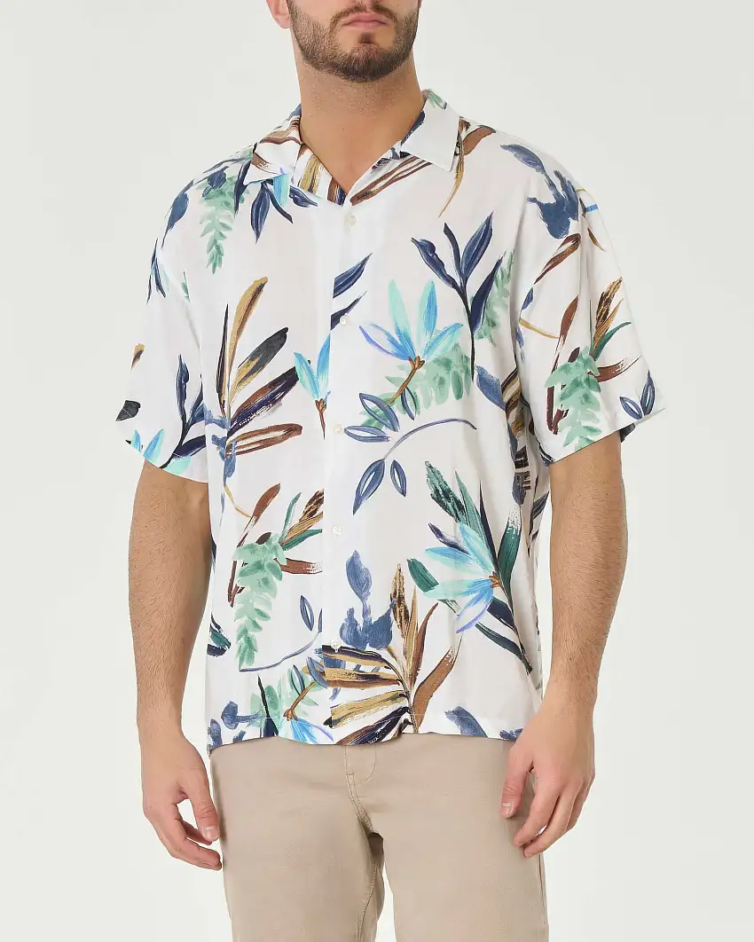 Camicia bowling bianca in viscosa con fantasia floreale multicolor