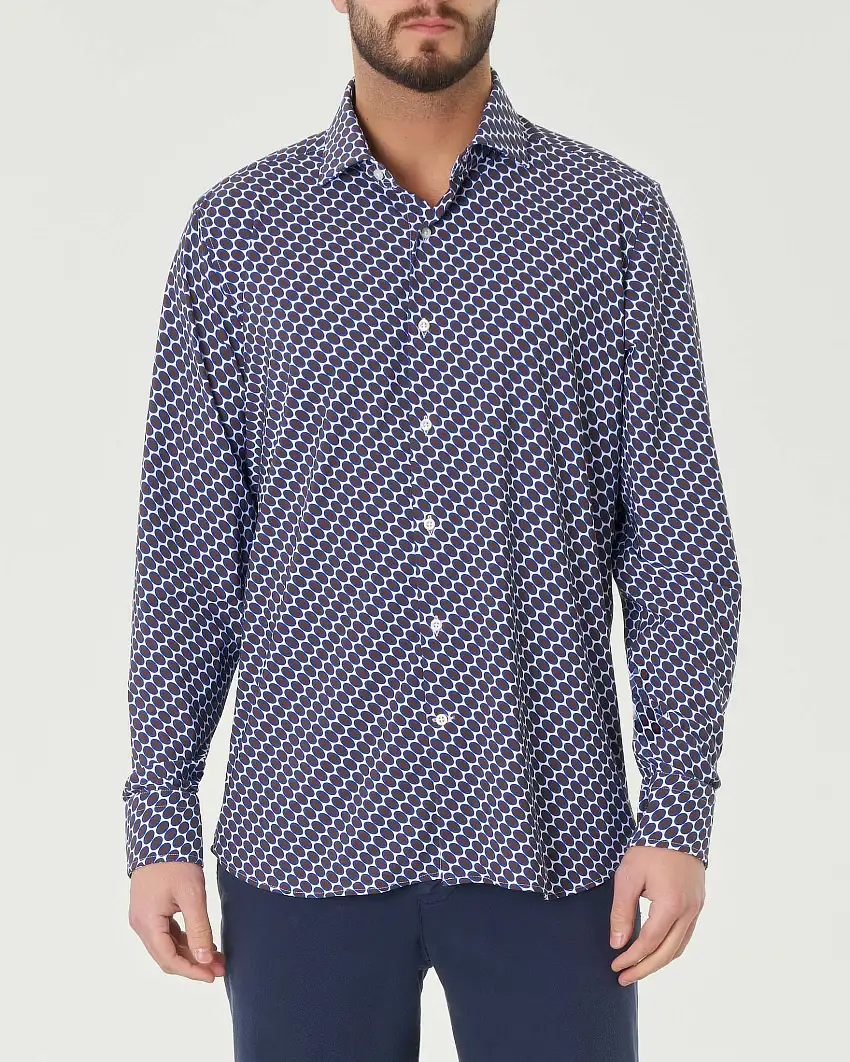 Camicia bianca in fantasia ovali blu e marroni in tessuto tecnico hyper comfort