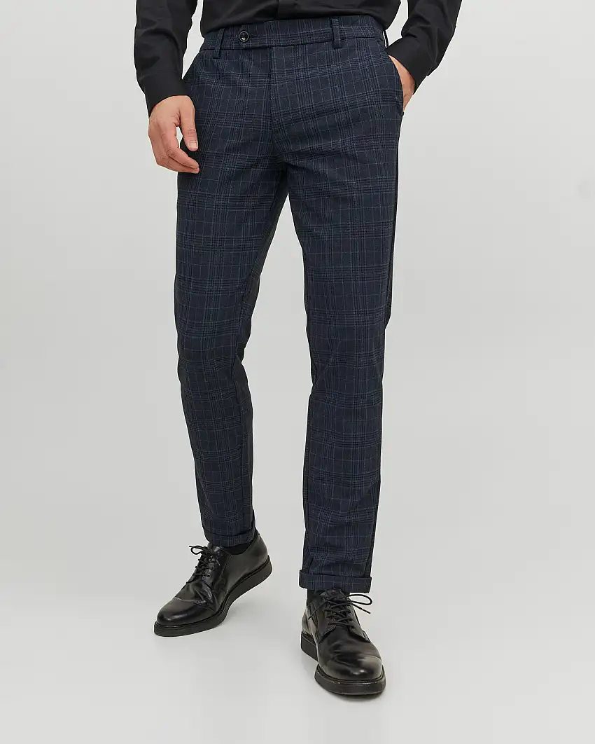 Pantalone chino blu in viscosa stretch principe di Galles