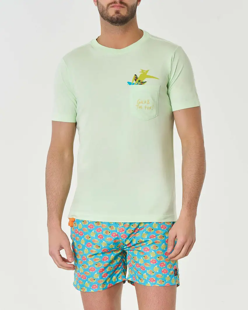 T-shirt lime mezza manica in pima cotton con taschino e ricamo grab the fun