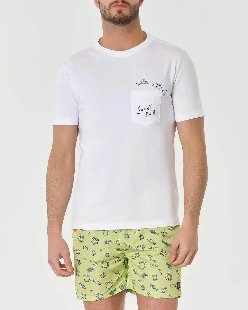 T-shirt bianca mezza manica in pima cotton con taschino e ricamo sweet swin