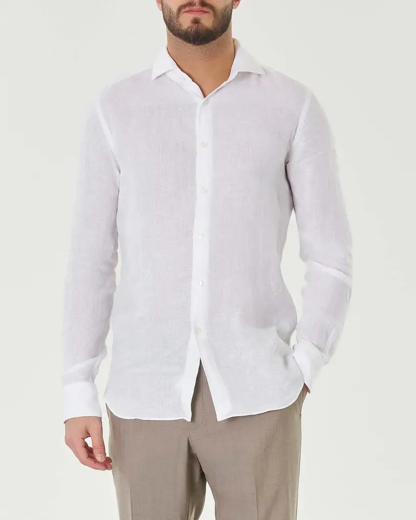 Camicia tinta unita bianca in puro lino tailor fit