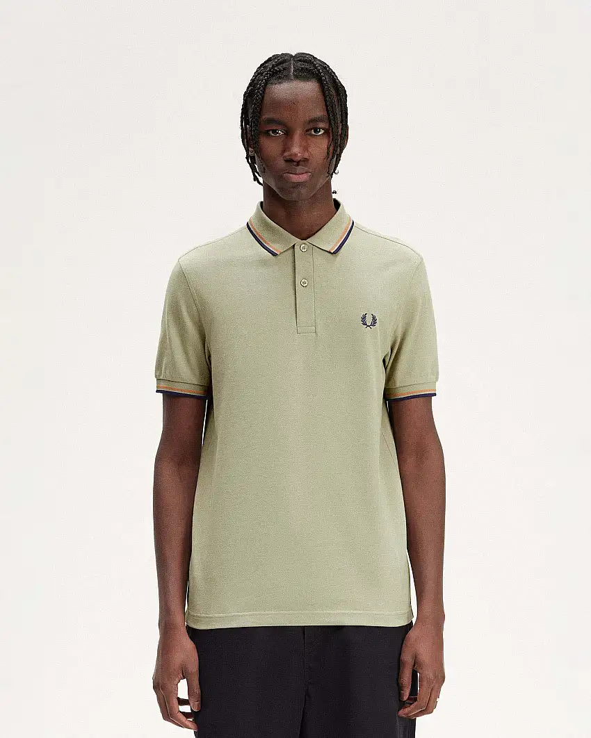 Polo beige mezza manica con bordino indaco e arancio