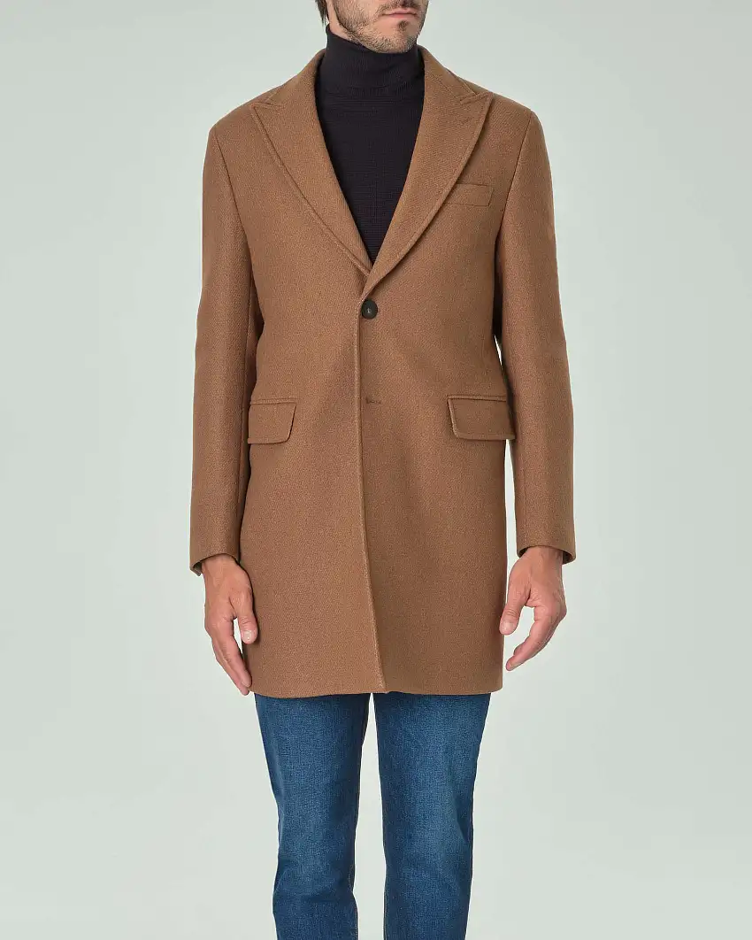 Cappotto Paul Baker cammello in panno di lana con rever a lancia