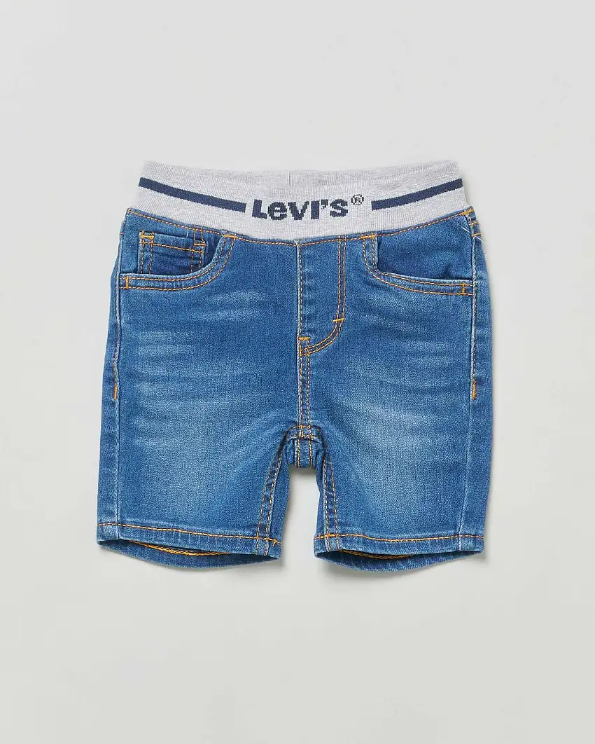 Bermuda in denim di cotone stretch a lavaggio medio con fascia elastica grigia logata