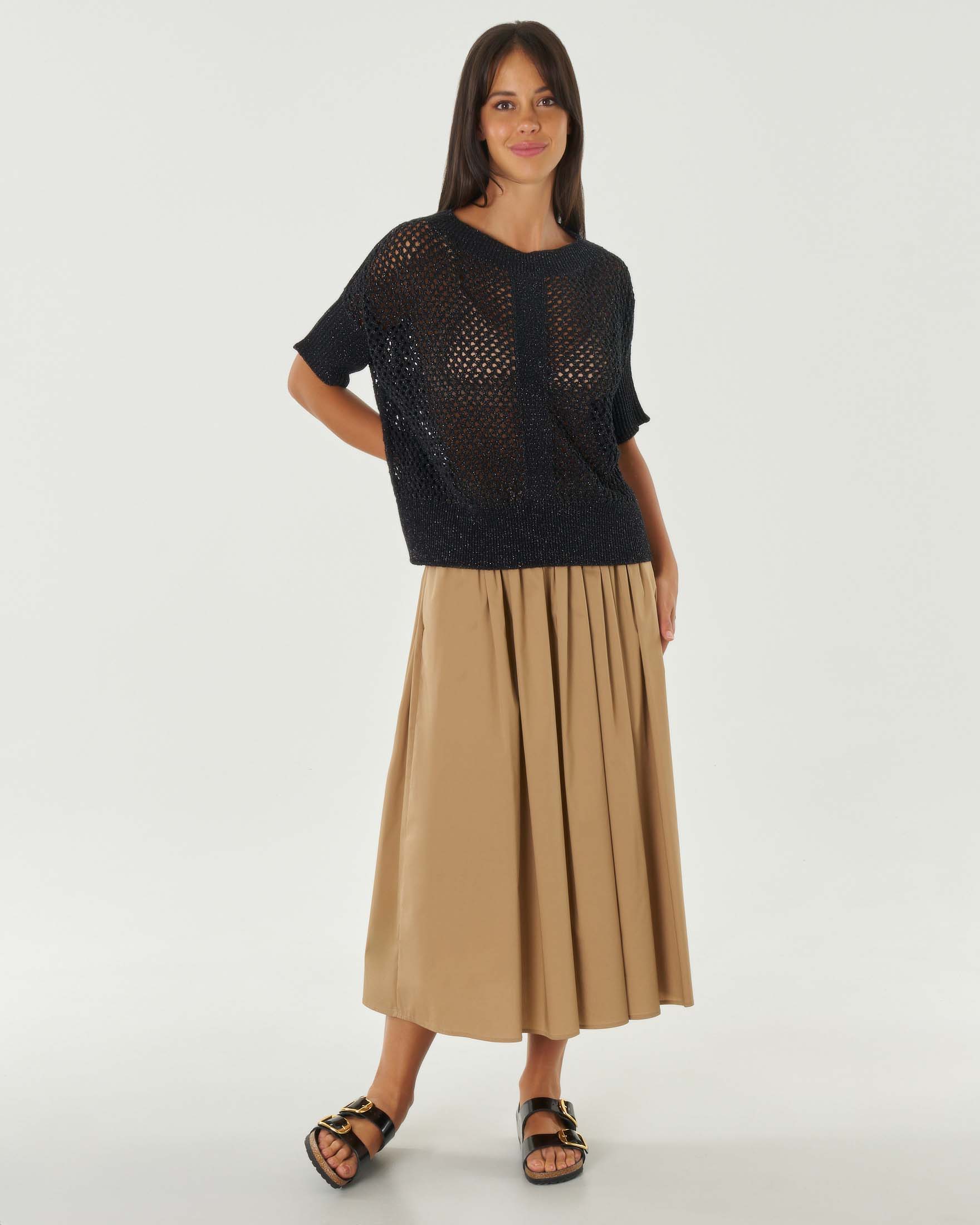 Maglia a maniche corte nera traforata in cotone e lurex con centro davanti e dietro a coste