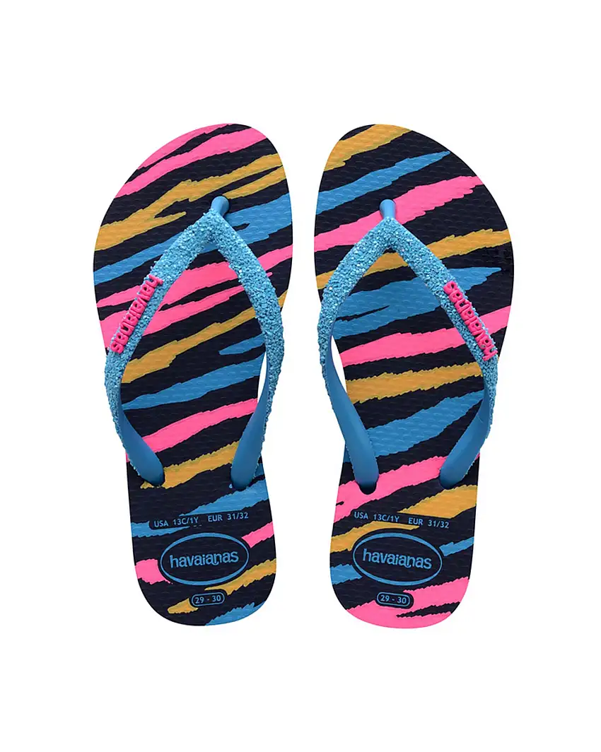 Havaianas Kids Slim Glitter con stampa zebrata multicolor e fascetta azzurra glitterata