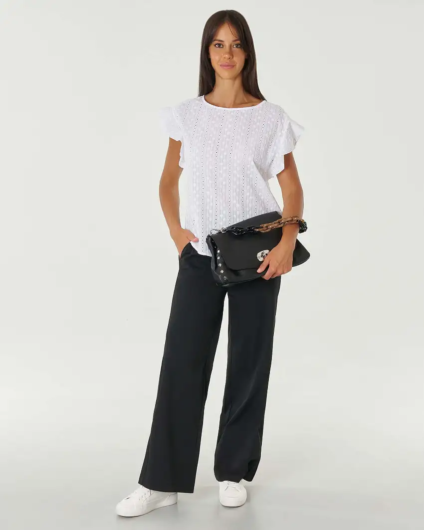 Pantaloni nero a gamba dritta ampia in popeline con fascia elastica nel retro