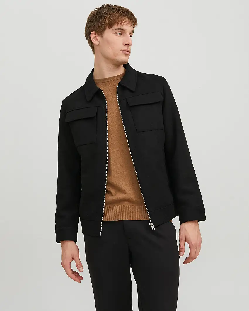 Giacca camicia nera in panno di misto lana