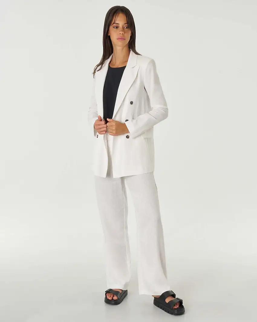 Pantaloni bianchi a vita media in lino e viscosa dalla linea ampia e dritta con pinces frontali