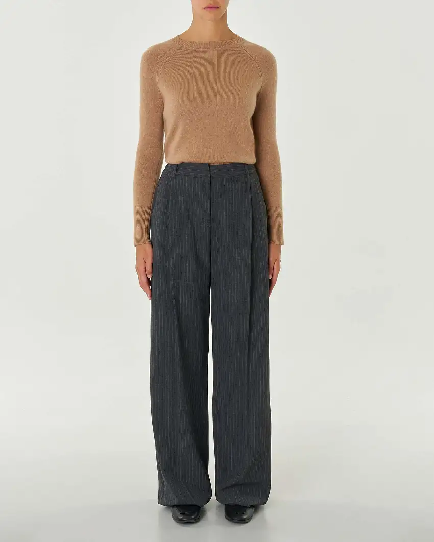 Pantaloni grigio gessato in tela stretch di misto viscosa con pinces in vita