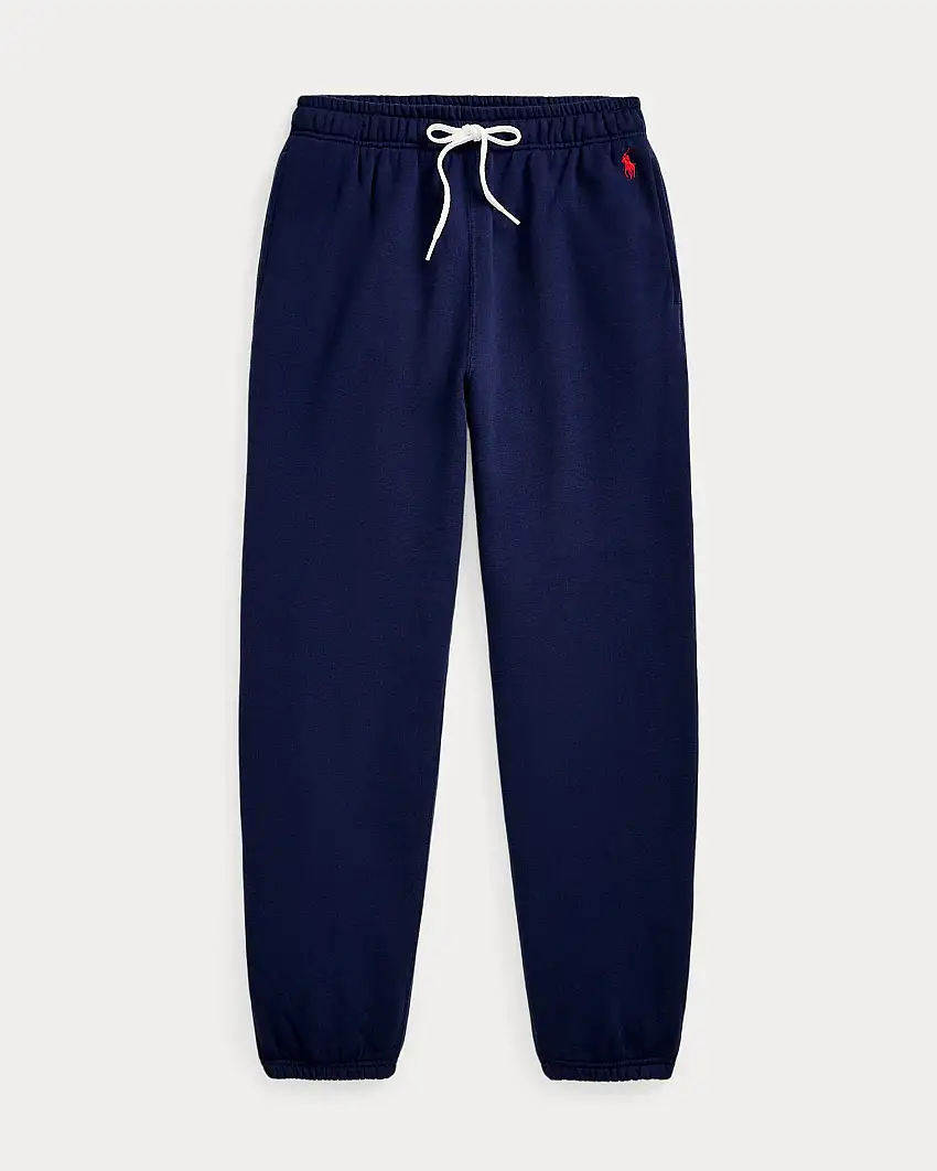 Pantaloni blu in felpa di cotone garzato con elastico al fondo e logo rosso ricamato