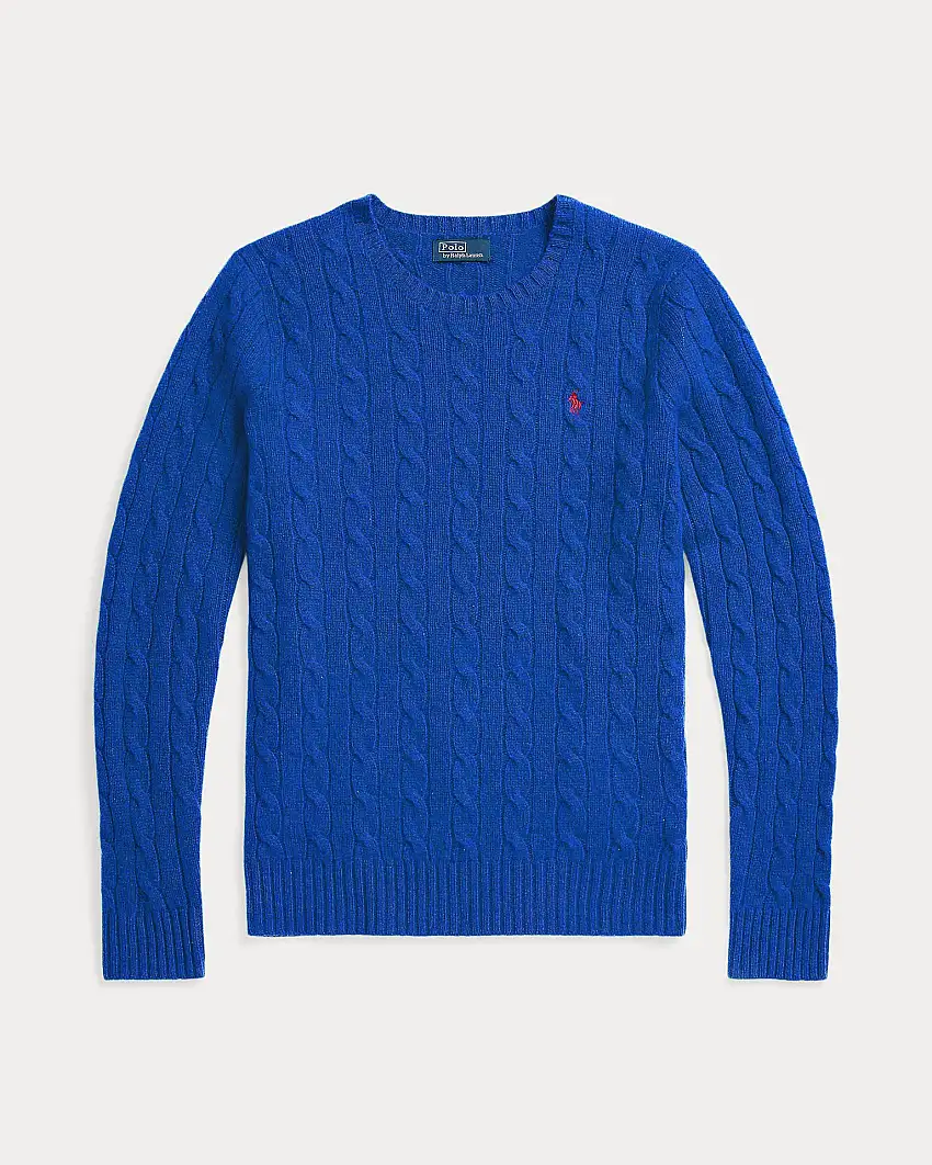 Maglia blu royal girocollo in lana e cashmere a trecce con logo ricamato a contrasto di colore