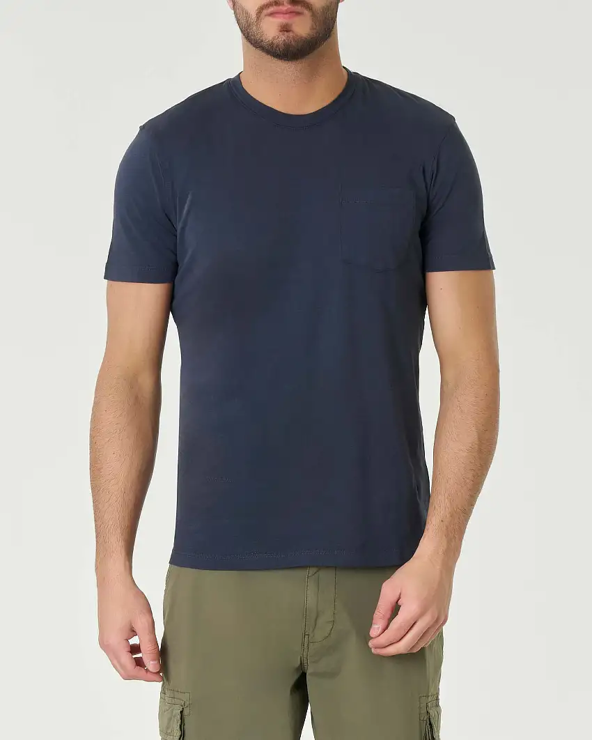 T-shirt blu mezza manica in cotone fiammato con taschino al petto
