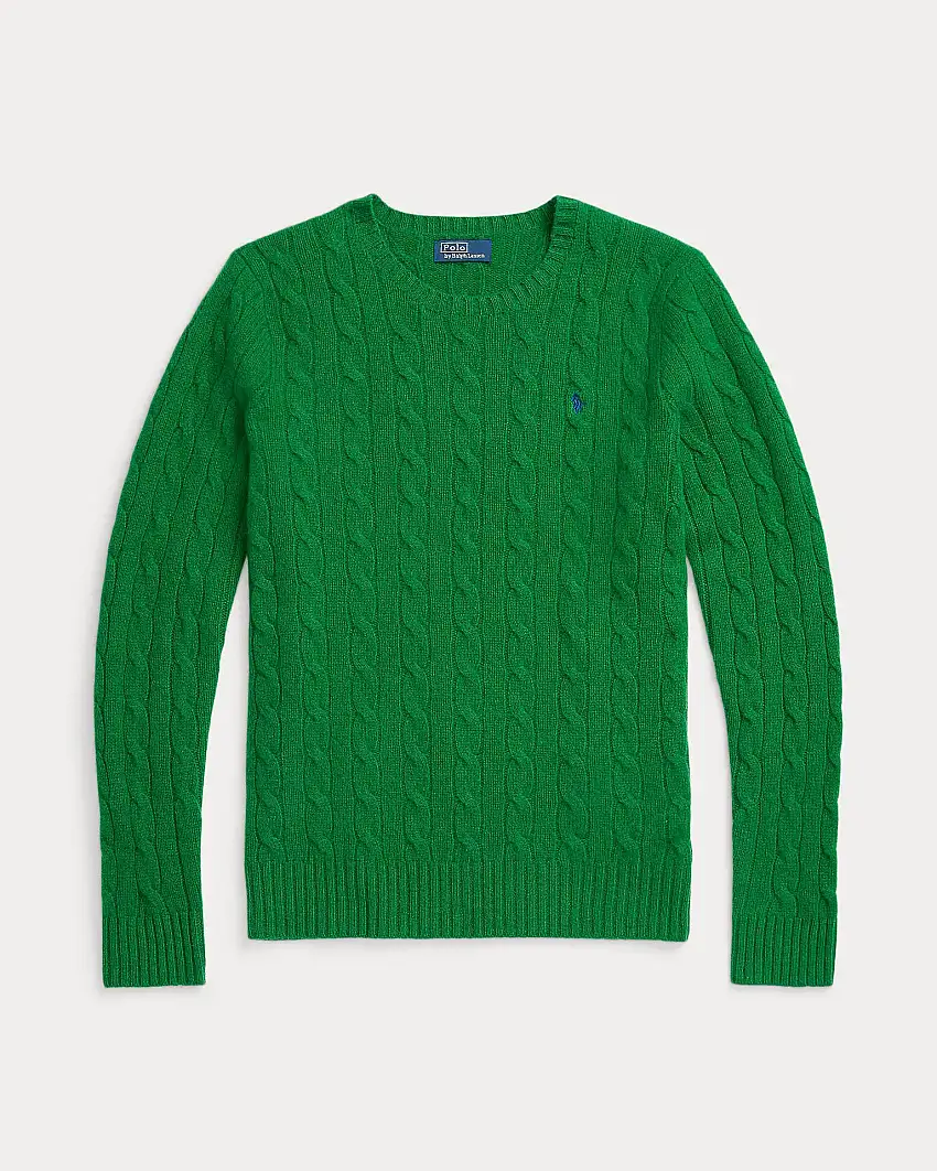 Maglia verde brillante girocollo in lana e cashmere a trecce con logo ricamato a contrasto di colore