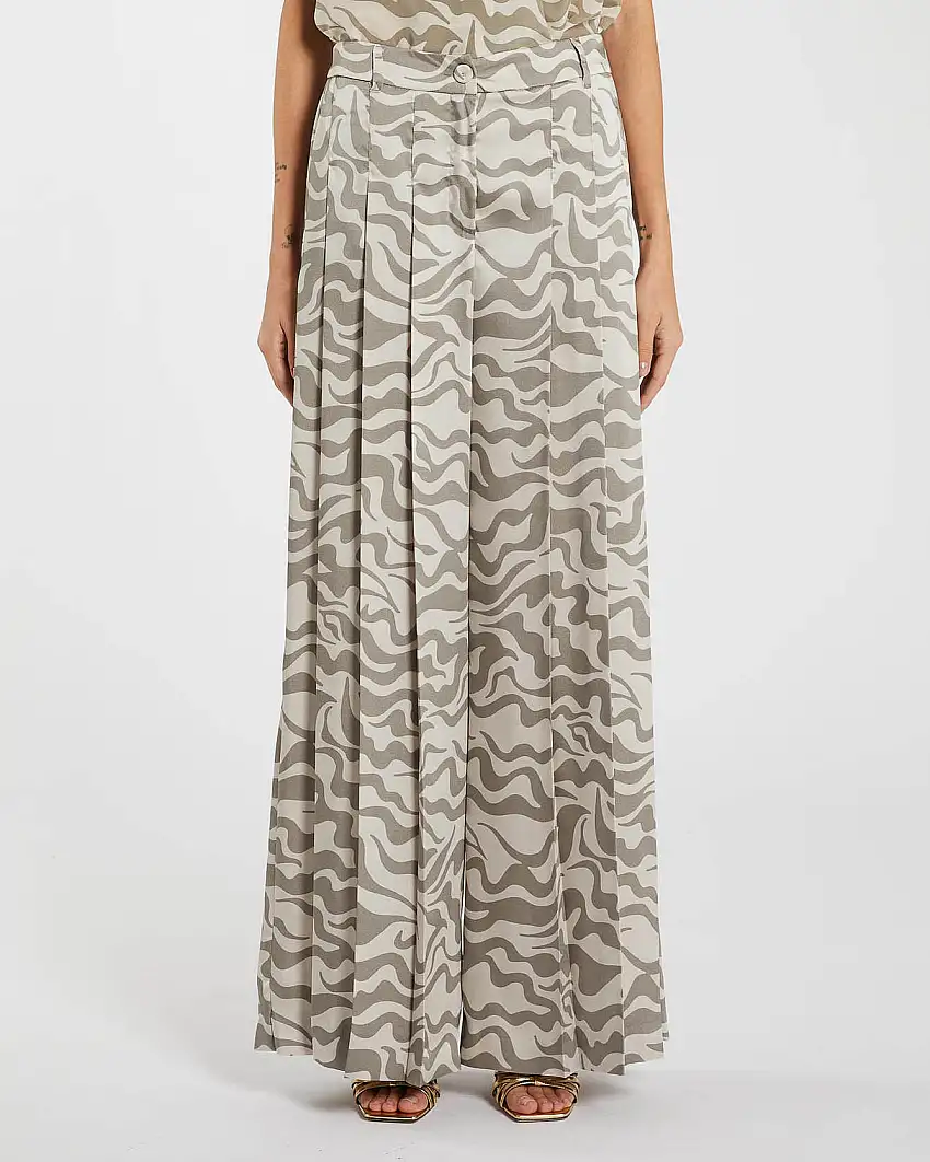 Pantaloni super wide a pieghe color gesso a fantasia onde tortora