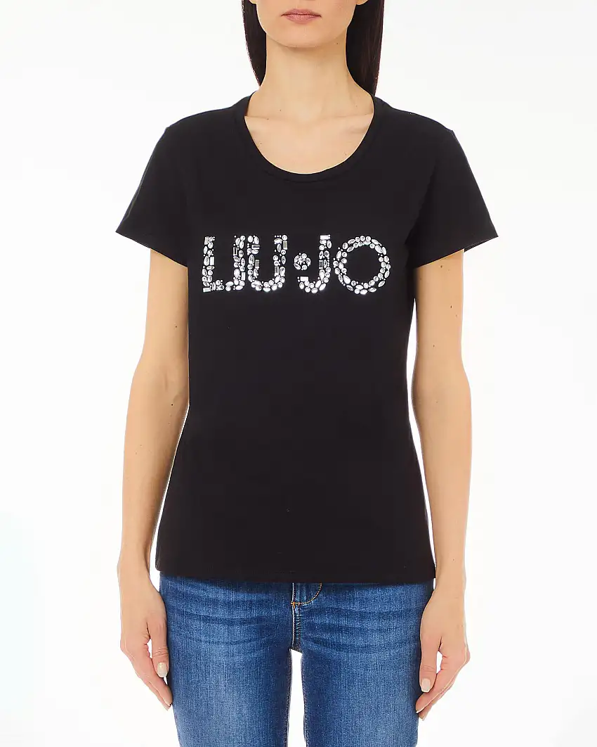 T-shirt nera in puro cotone con logo frontale in strass applicati