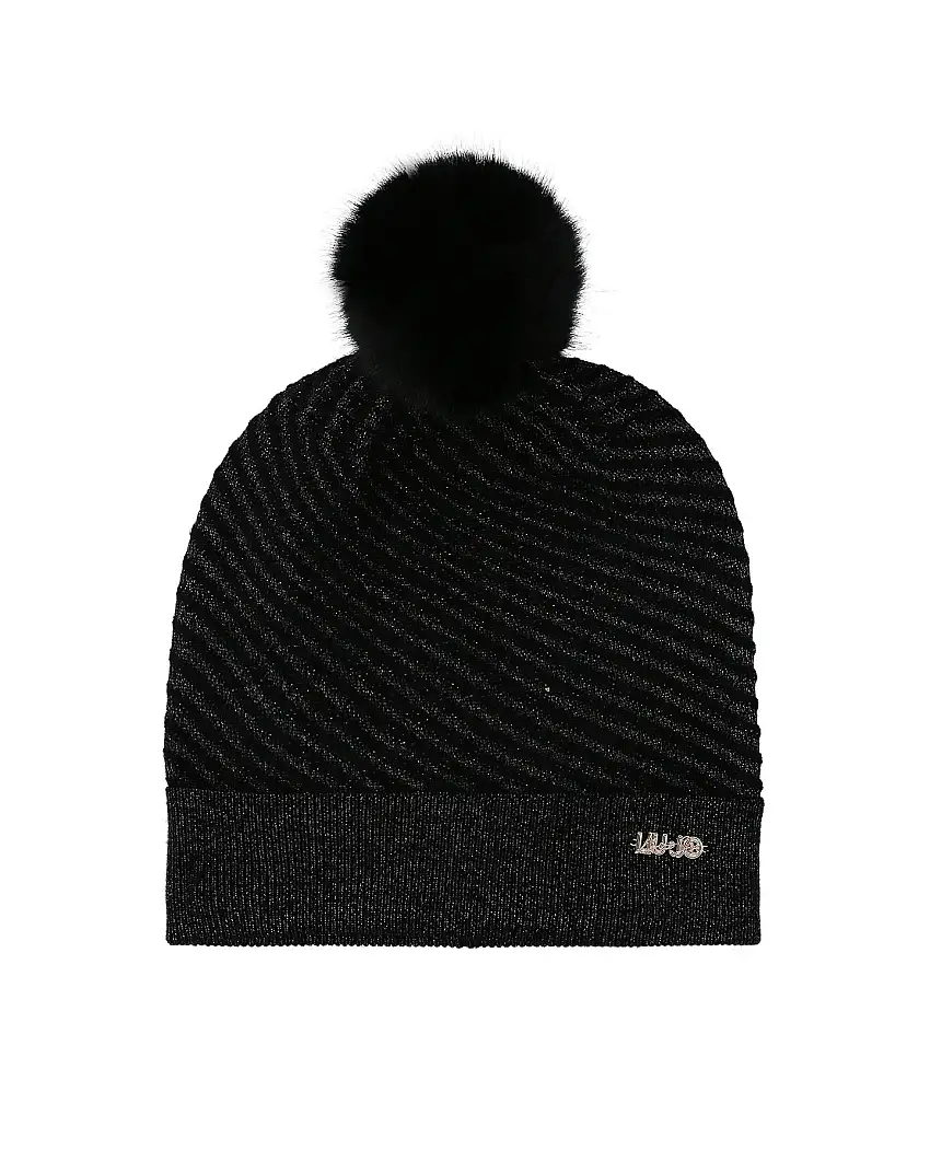 Berretto nero in viscosa a fantasia zebrata in lurex con placca logo sul risvolto e pom pon