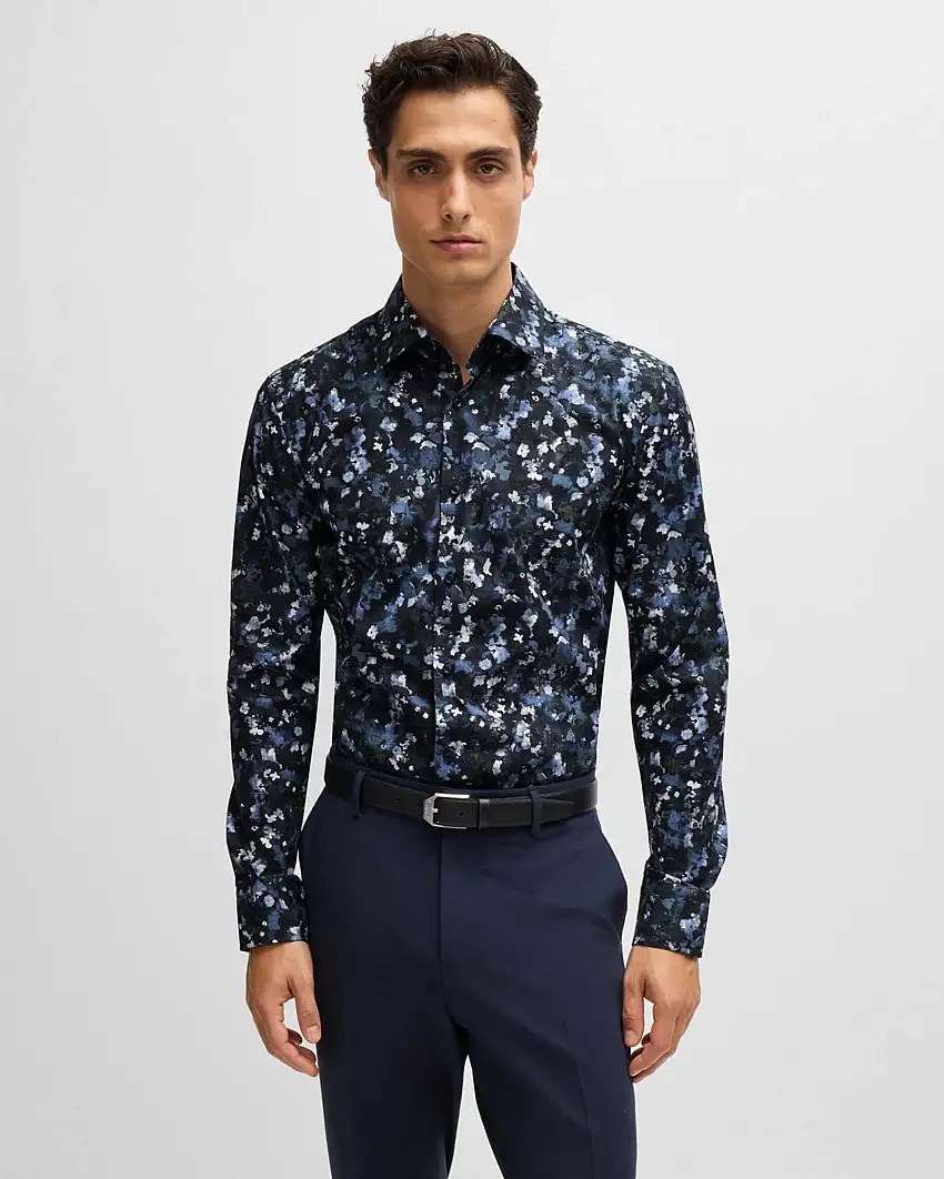 Camicia Hank slim fit in cotone stretch fantasia multicolor con colletto Kent