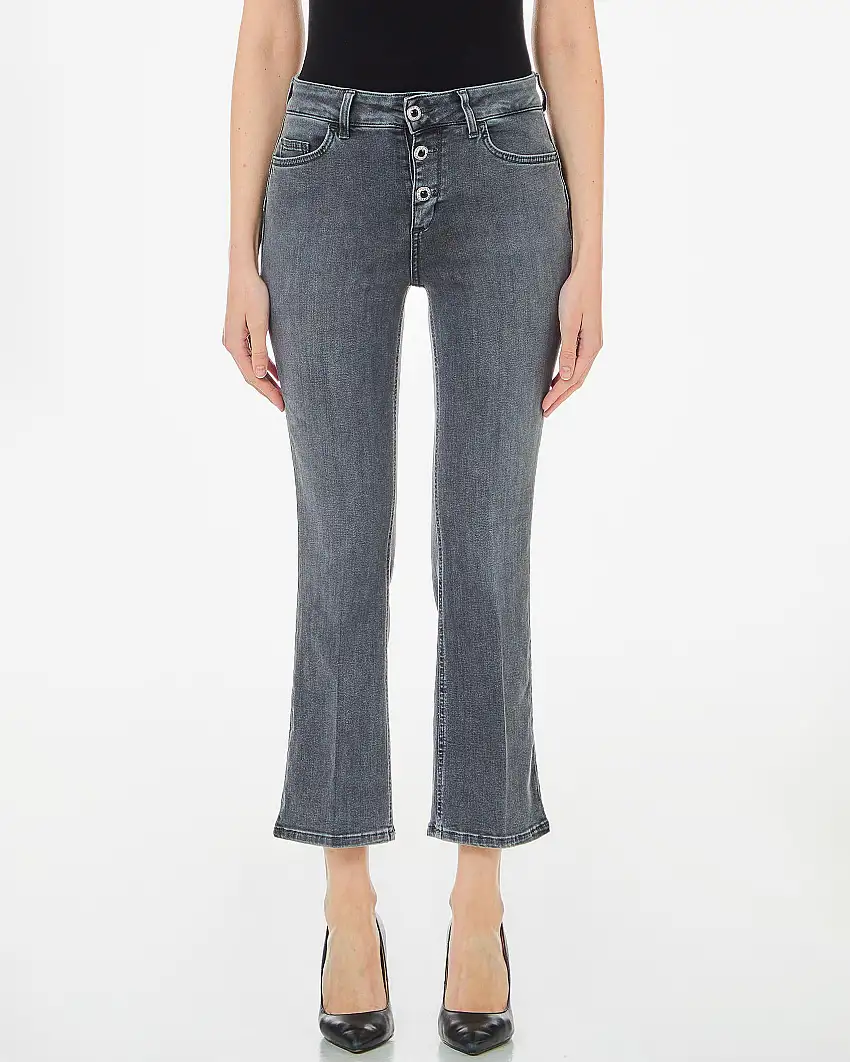 Jeans a trombetta grigi bottom up in cotone stretch con abbottonatura gioiello frontare a vista