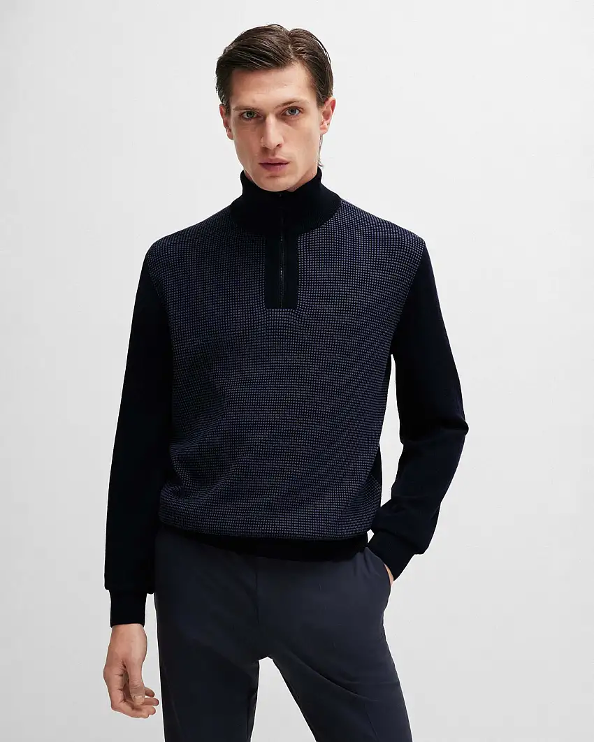 Maglia lana blu con pannello frontale a punto waffle e colletto con zip