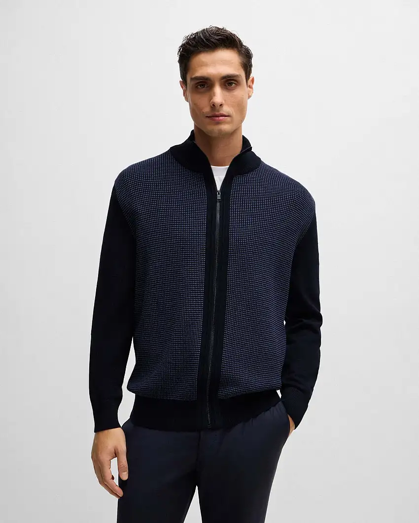 Maglia lana blu con pannello frontale a punto waffle e chiusura zip