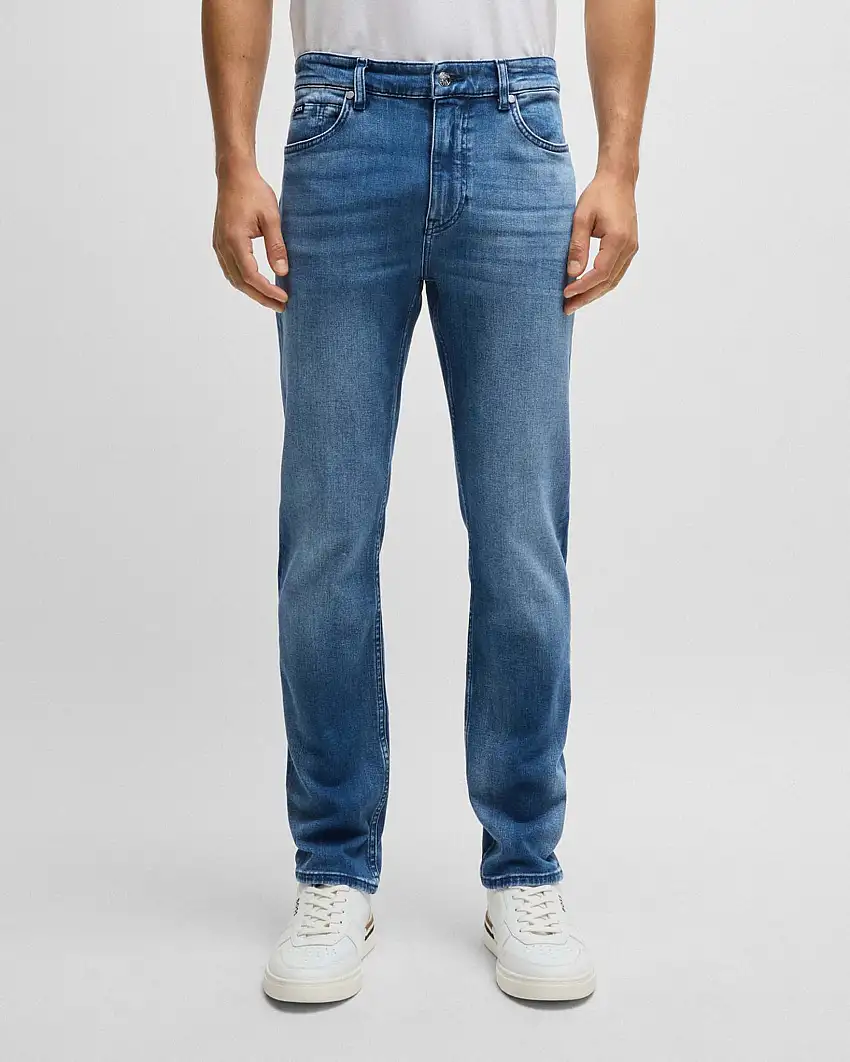 Jeans Delaware slim fit in cotone stretch lavaggio medio stone washed con baffature