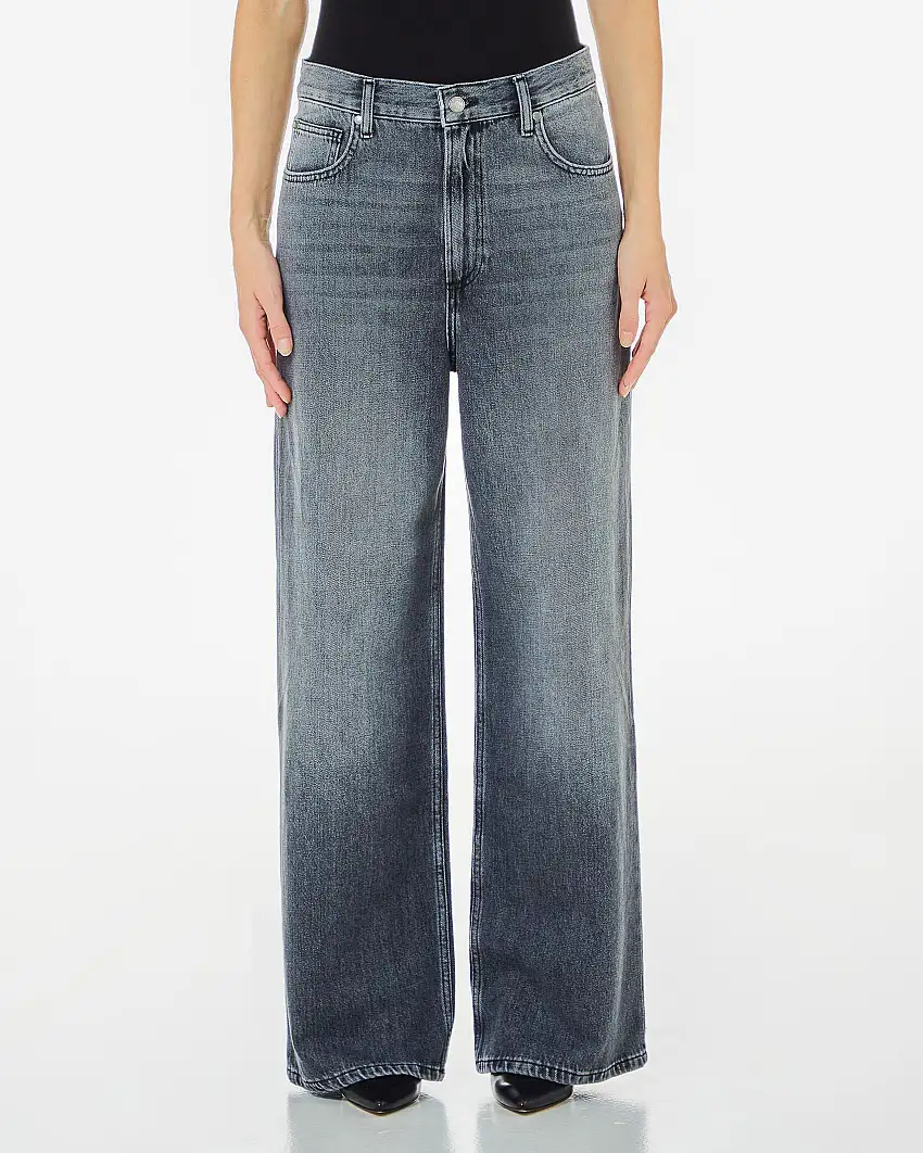 Jeans grigi super wide leg a vita e cavallo basso in puro cotone con schiariture e baffature