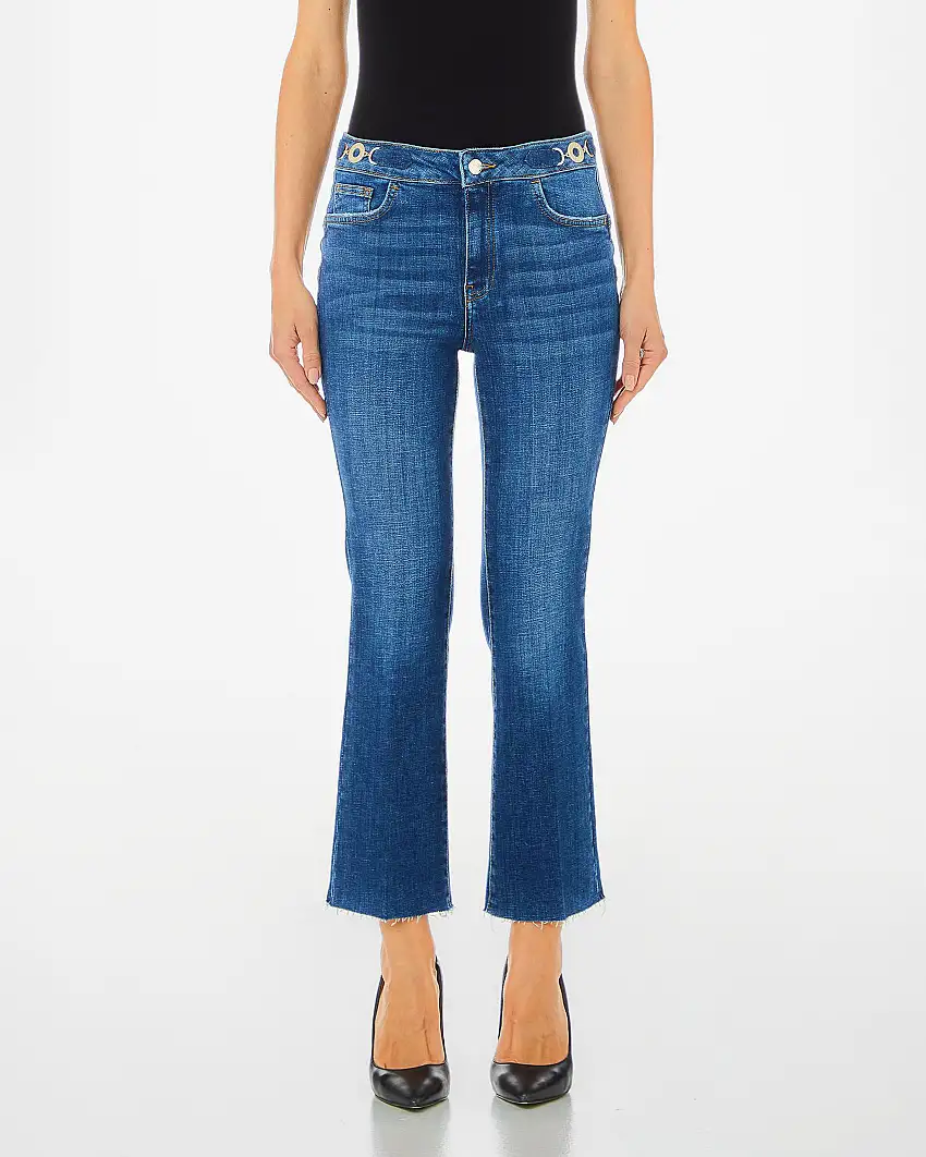 Jeans a trombetta a vita alta lavaggio medio super stone washed con applicazioni in vita