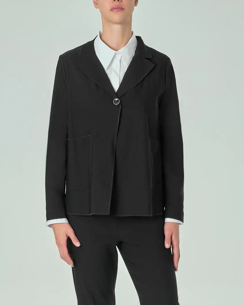 Blazer nero a un bottone in jersey stretch di misto viscosa con maxi tasche laterali
