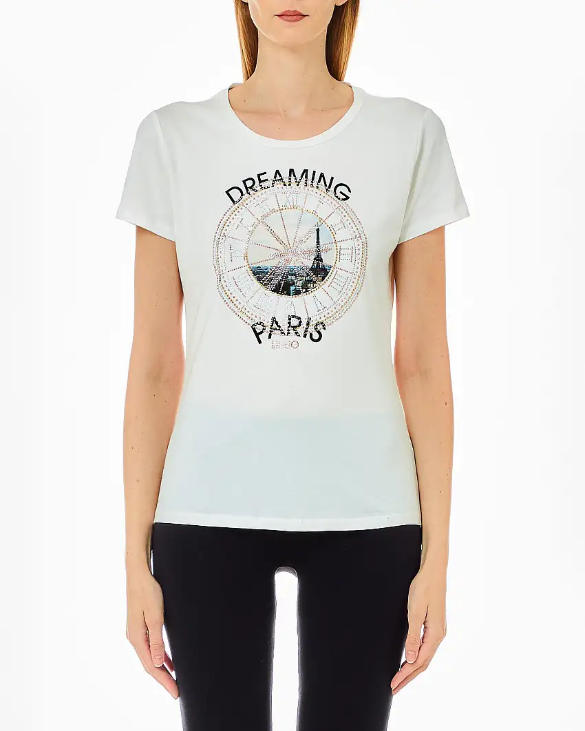 T-shirt bianca in cotone stretch con stampa Parigi frotale rotonda con orologio in strass sovrapposto