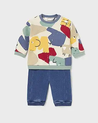 Completo composto da felpa stampata multicolore e jeans a lavaggio scuro stone washed 6-18 mesi