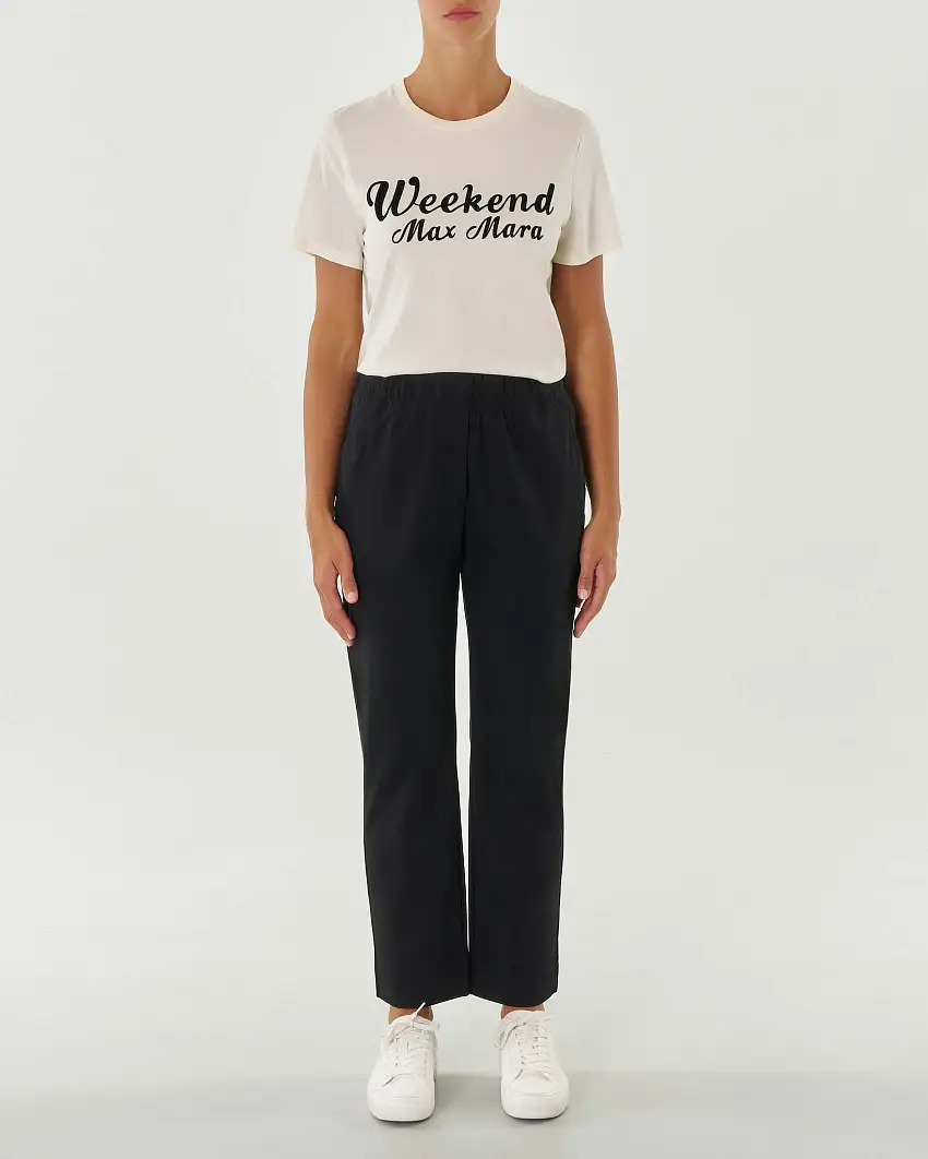 Pantaloni a gamba dritta neri in jersey punto Milano con elastico inserito nella fascia in vita