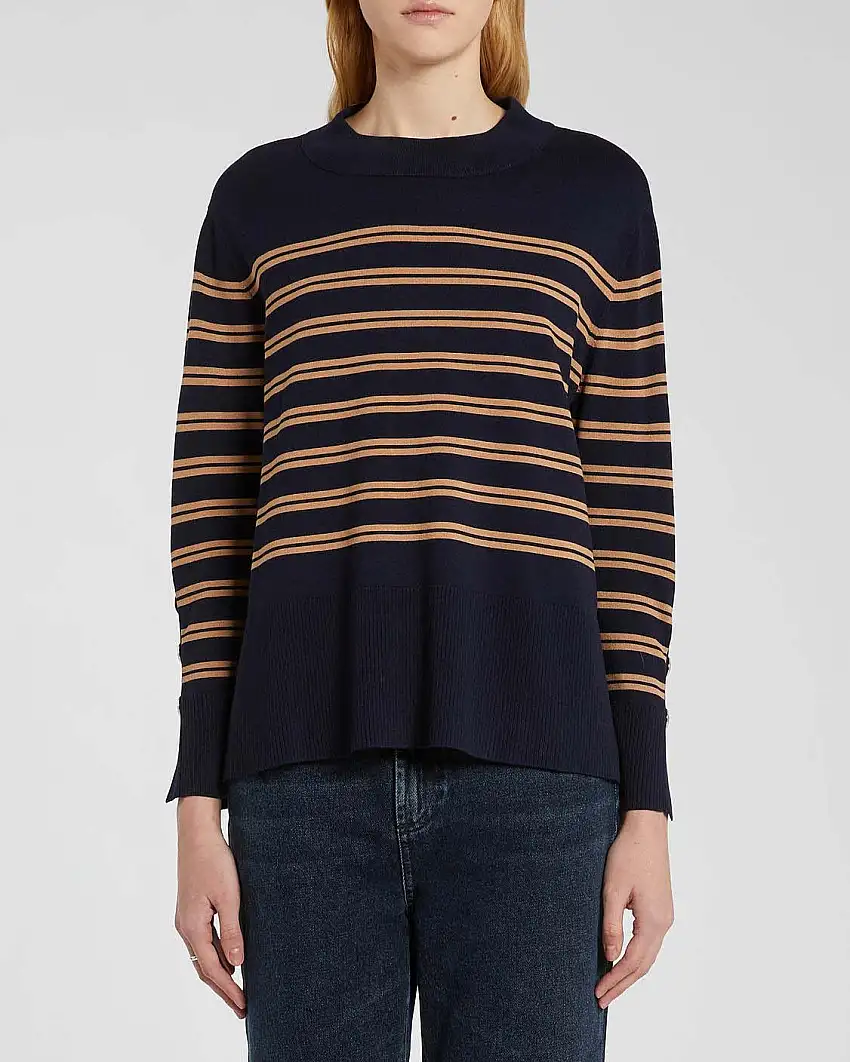 Maglia blu in viscosa a motivo a righe cammello con bottoni dorati ai polsi