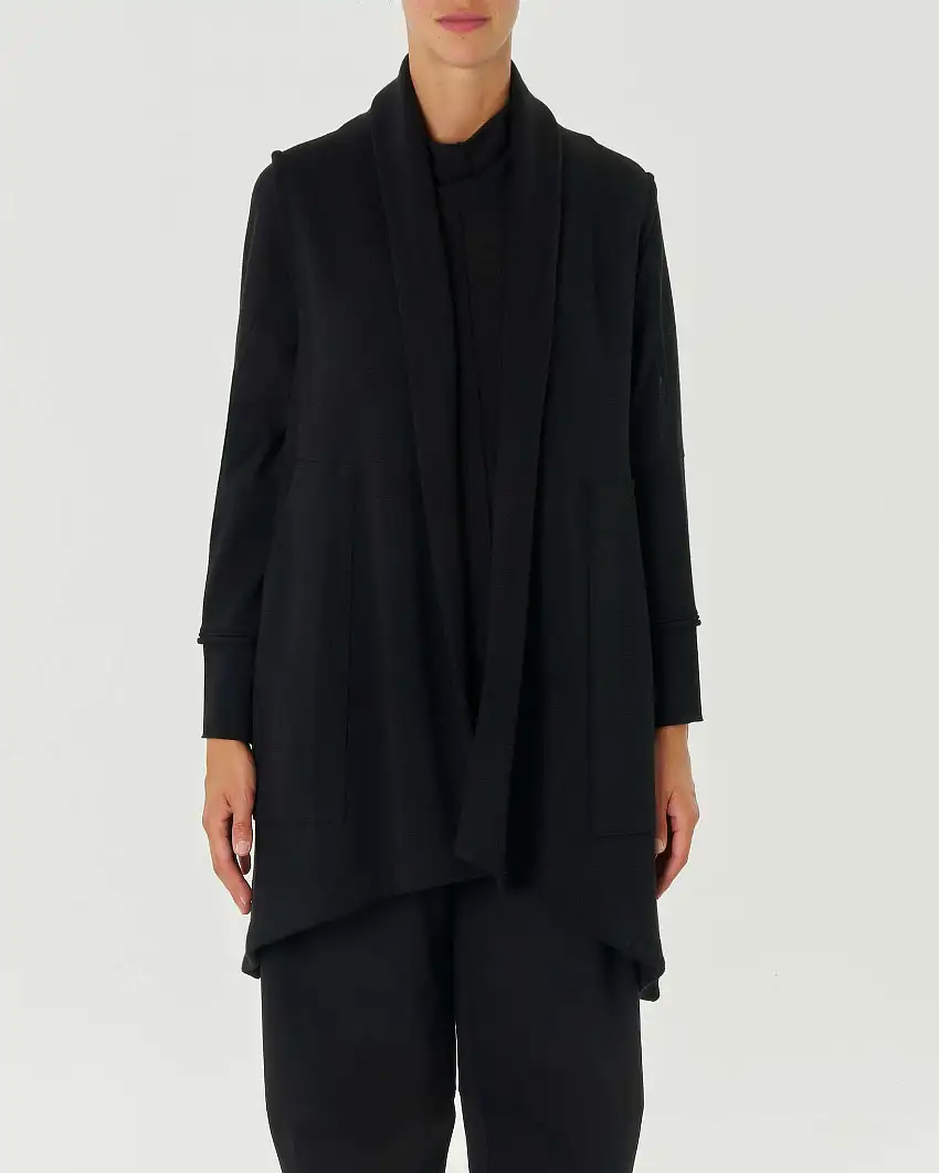 Gilet lungo nero in maglia unita di lana merino con collo a scialle e maxi tasche applicate