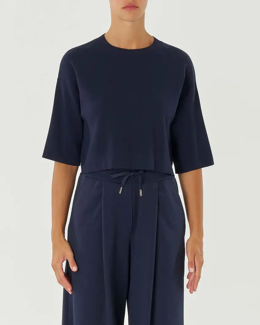 Maglia blu cropped in misto viscosa con maniche al gomito