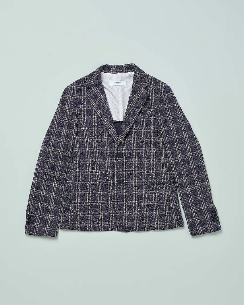 Blazer blu in misto cotone fantasia principe di Galles beige